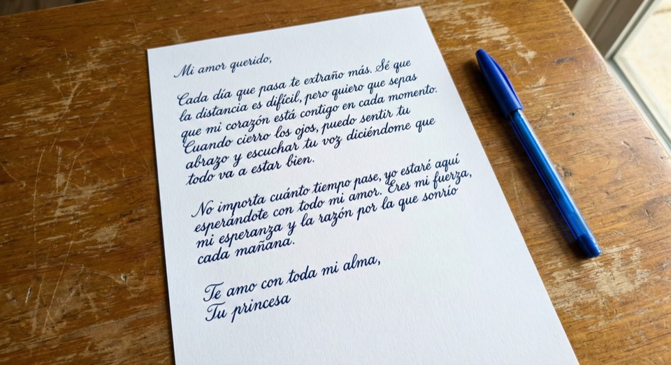 Ejemplo de carta de amor escrita a mano para un preso con tinta azul sobre papel blanco