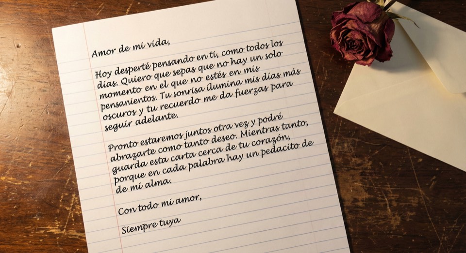 Carta de amor romántica escrita a mano para un novio preso con rosa seca